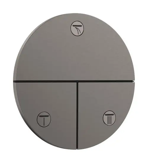 Rundes Wandventil von Hansgrohe mit drei Bedienfeldern, jedes mit unterschiedlichen Symbolen zur Auswahl von Funktionen, in gebürstetem Schwarz-Chrom-Finish.